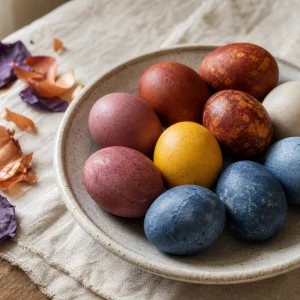 Ostereier färben mit Naturfarben: bunte Eier in Keramikschale auf Leinen