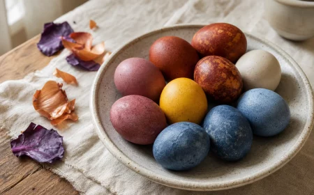 Ostereier färben mit Naturfarben: bunte Eier in Keramikschale auf Leinen