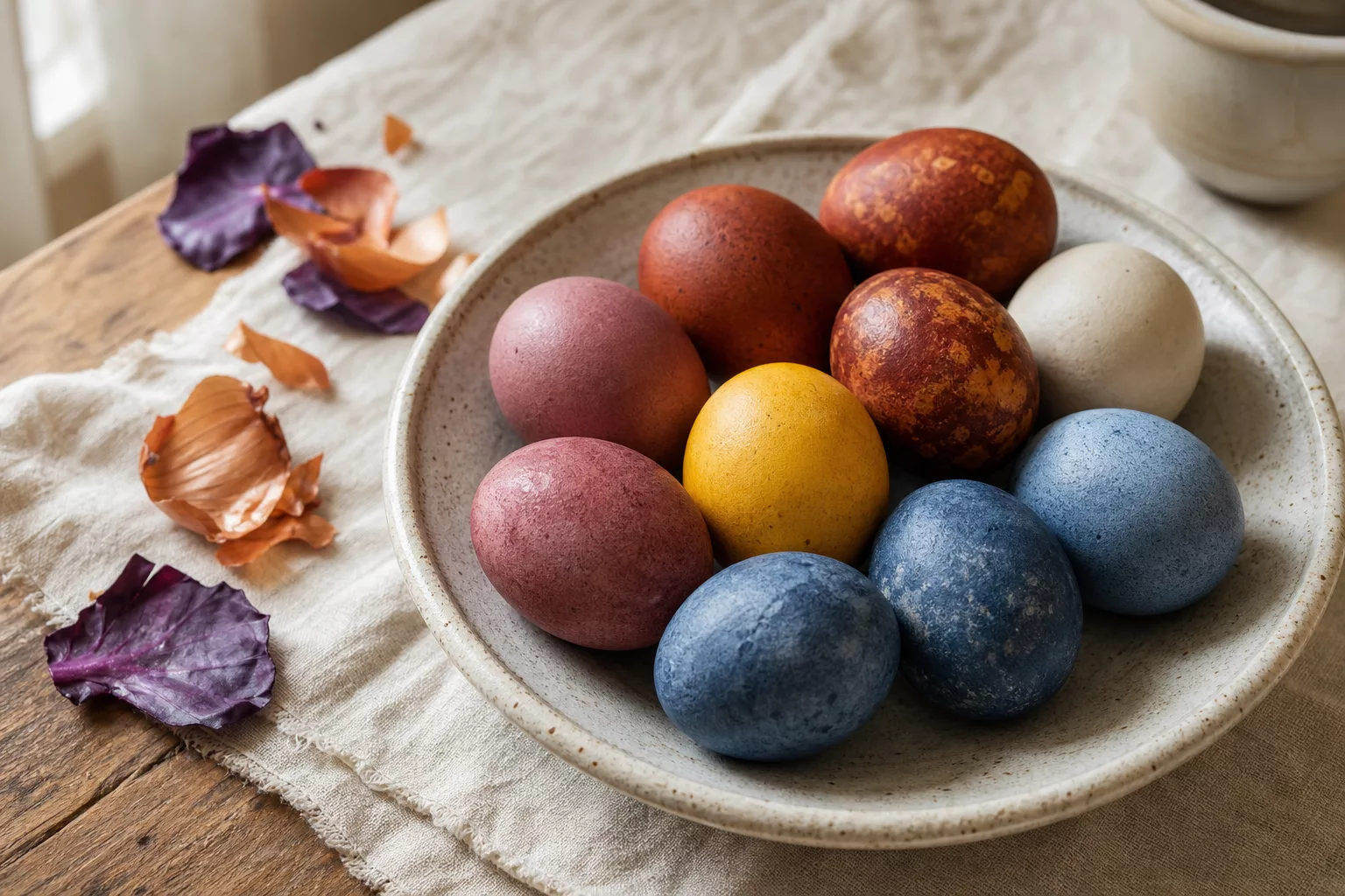 Ostereier färben mit Naturfarben: bunte Eier in Keramikschale auf Leinen