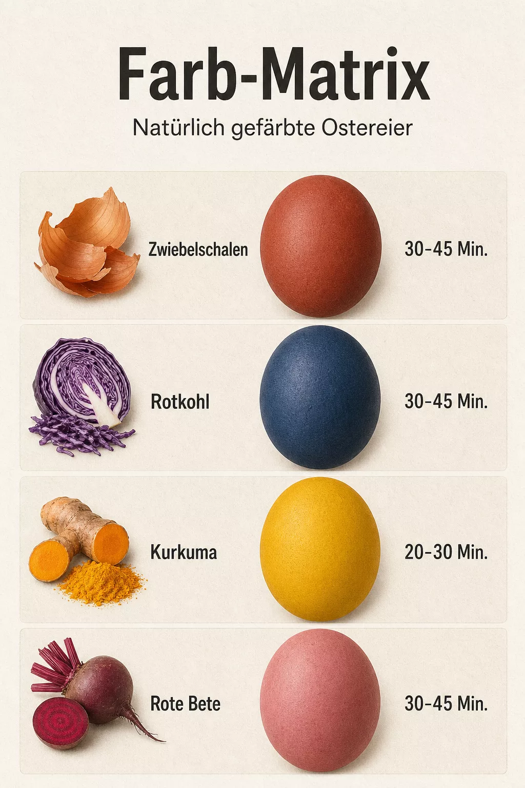 Grafik: Naturfarben-Matrix zeigt Zutat, Eierfarbe und Kochzeit im Überblick