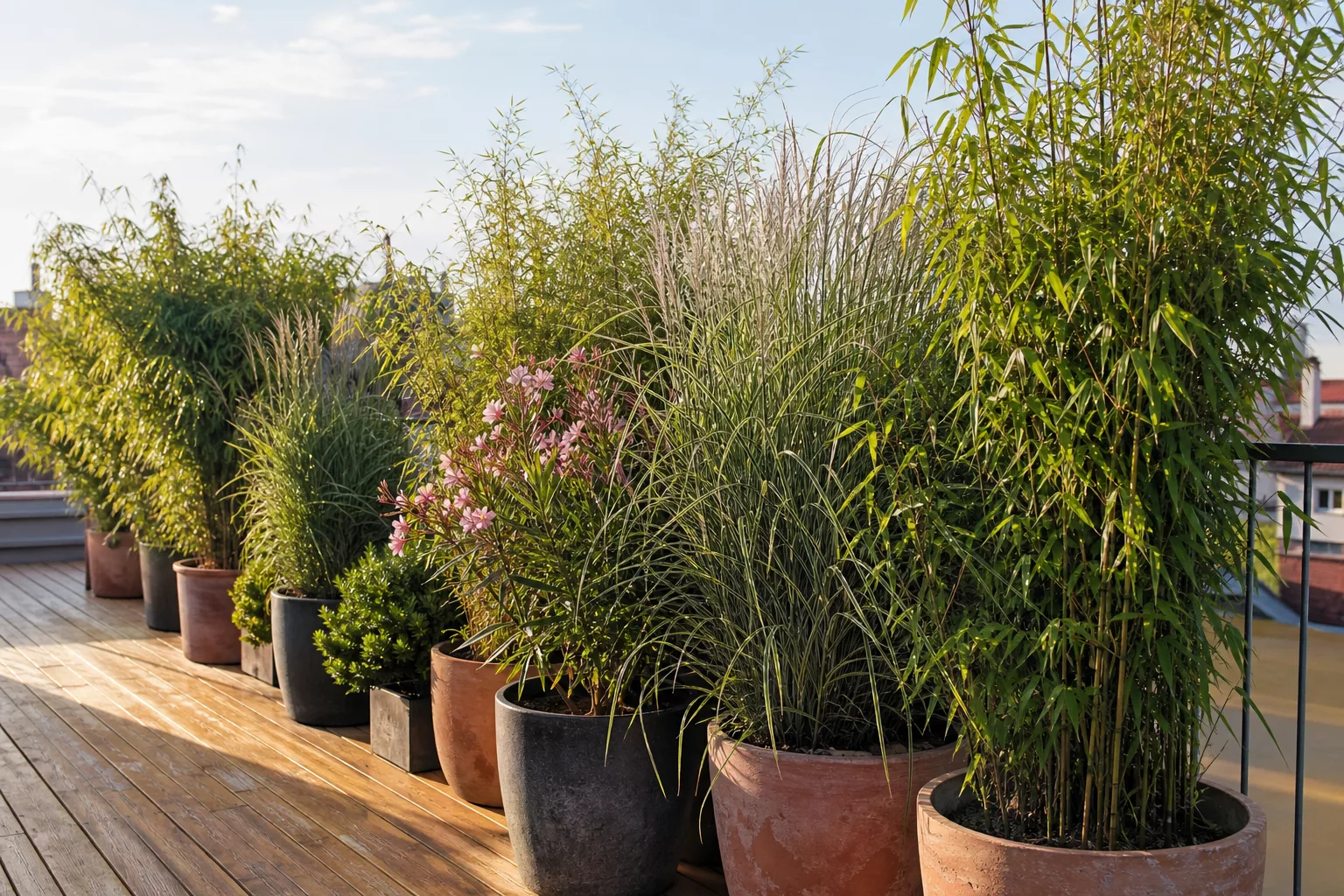 Reihe hoher Kübelpflanzen als grüner Sichtschutz auf der Terrasse