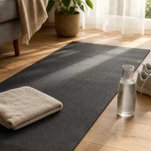 Zu Hause Sport treiben ohne Geräte: ausgerollte Matte im hellen Wohnzimmer