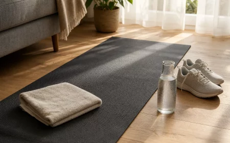 Zu Hause Sport treiben ohne Geräte: ausgerollte Matte im hellen Wohnzimmer