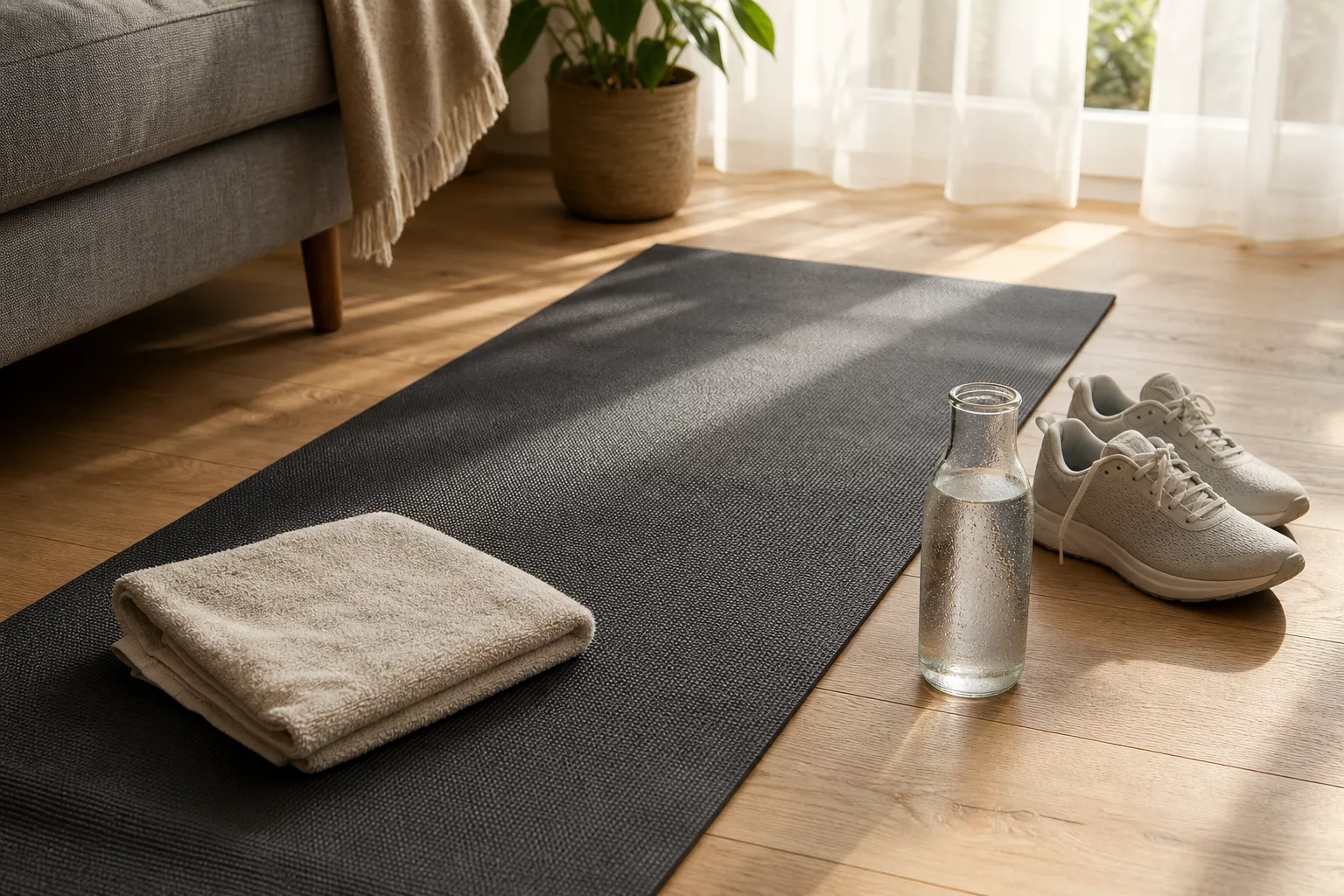 Zu Hause Sport treiben ohne Geräte: ausgerollte Matte im hellen Wohnzimmer