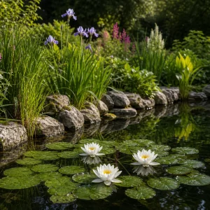 Bepflanzter Gartenteich im Sommer mit blühenden weißen Seerosen