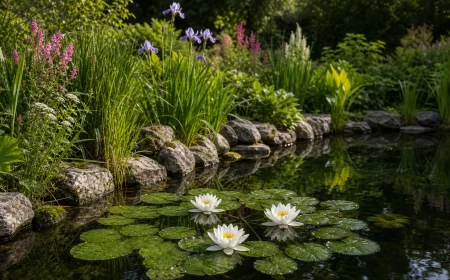 Bepflanzter Gartenteich im Sommer mit blühenden weißen Seerosen