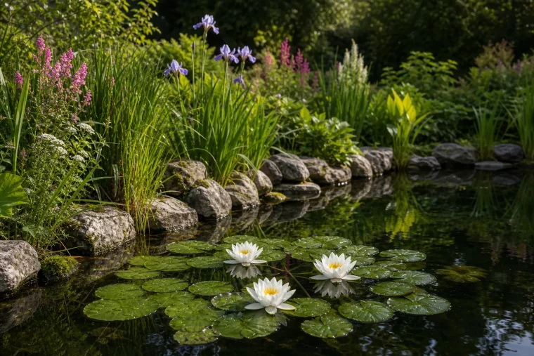 Bepflanzter Gartenteich im Sommer mit blühenden weißen Seerosen