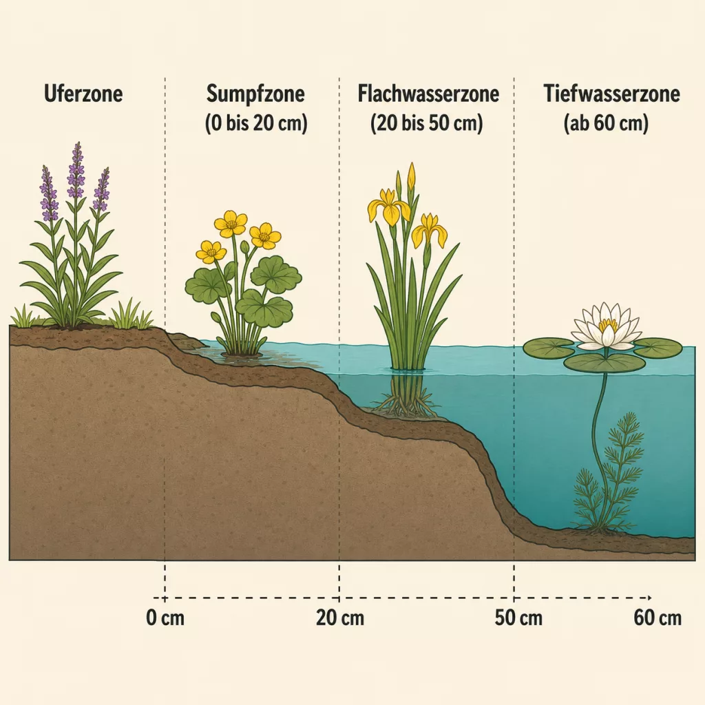 Grafik der vier Teichzonen mit Wassertiefen und Beispielpflanzen