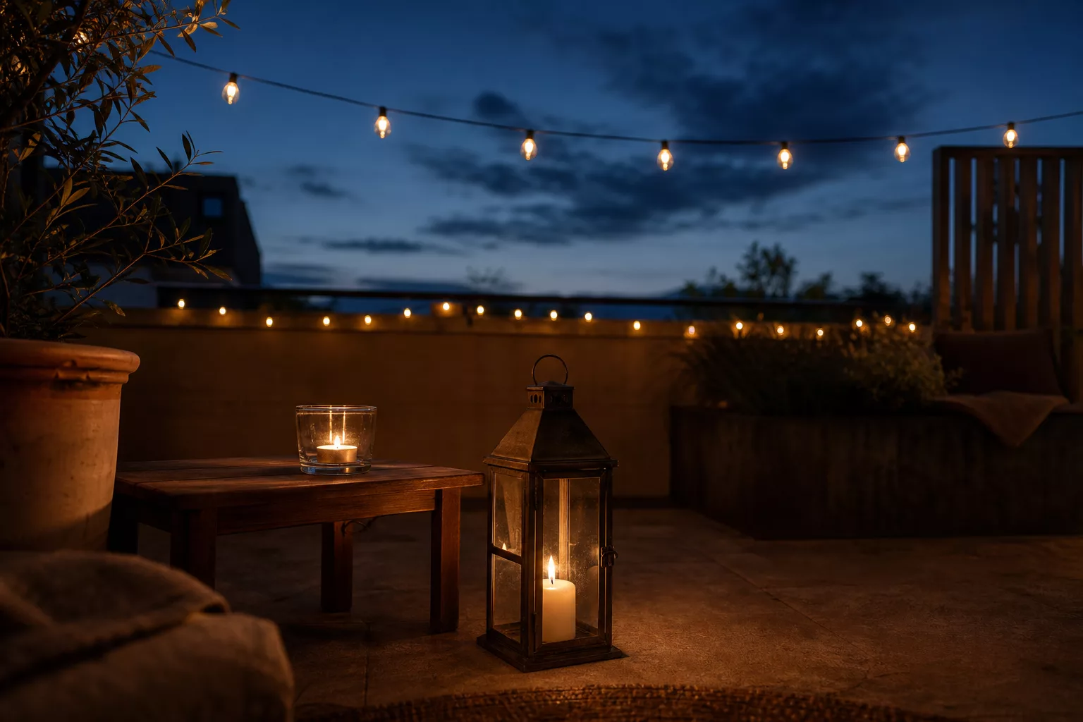 Terrassenbeleuchtung mit Laternen und Lichterkette in der Dämmerung