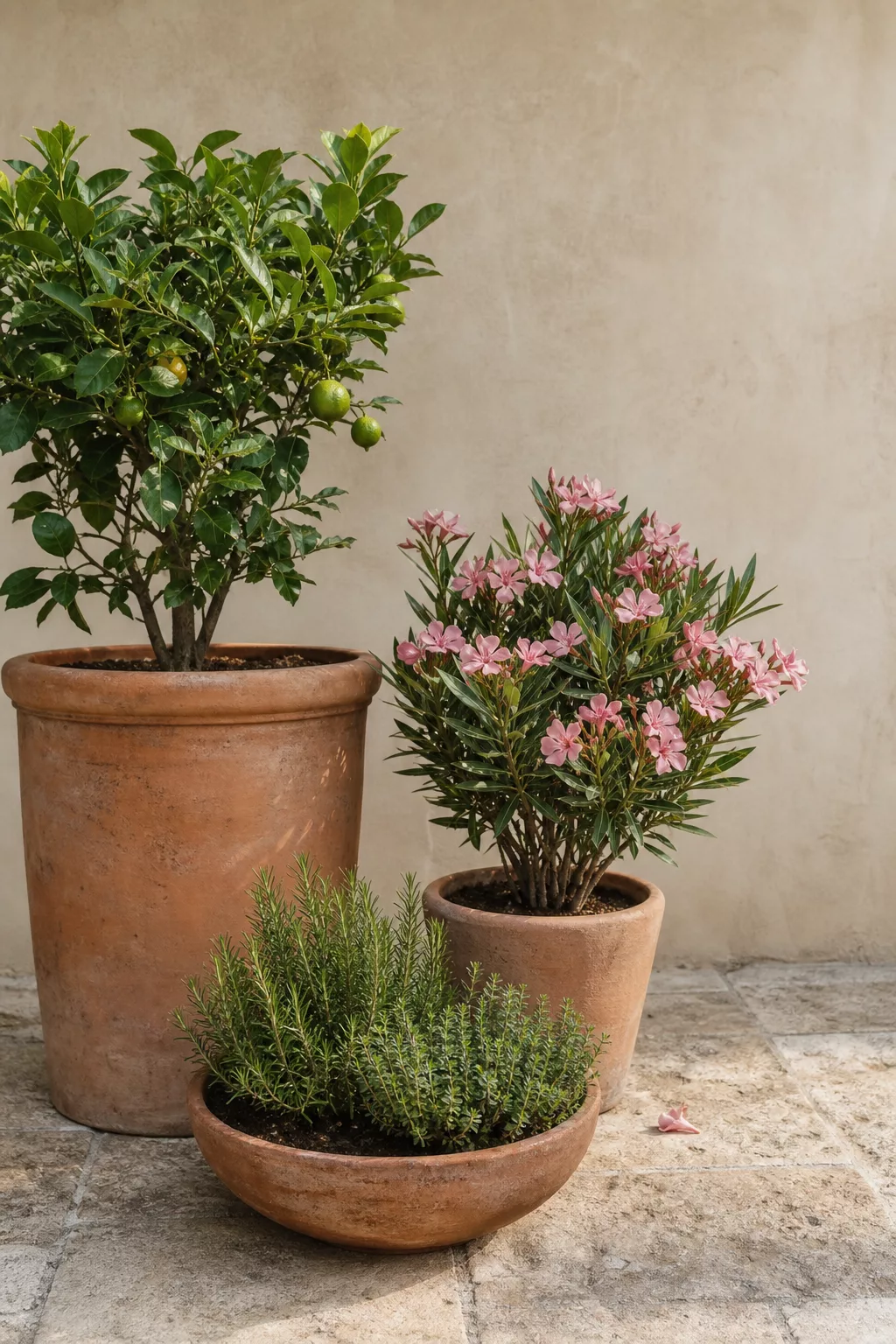 Kübelpflanzen-Arrangement mit Zitrusbaum, Oleander und Kräutern
