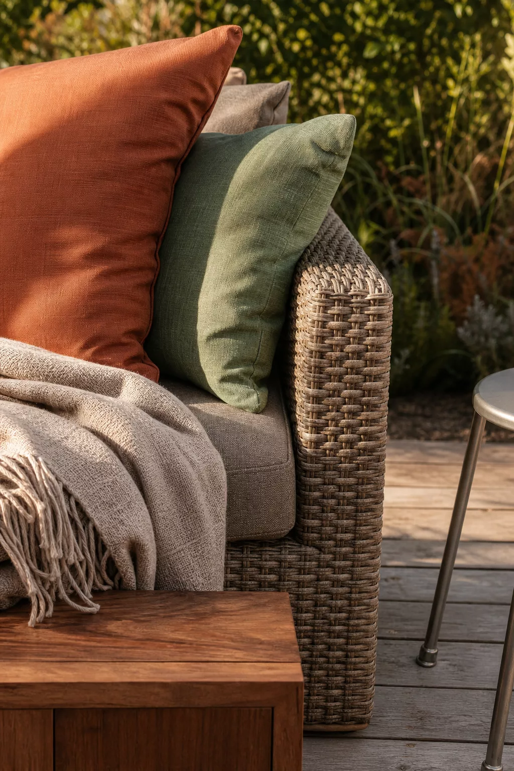 Terrassenmöbel-Vignette mit Holz, Polyrattan und warmen Textilien