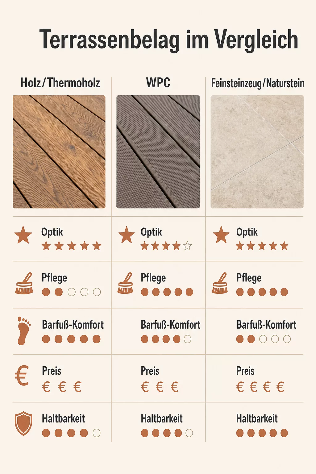Infografik Terrassenbelag im Vergleich: Holz, WPC und Feinsteinzeug