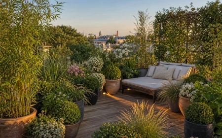 Terrassengarten mit Kübelpflanzen und Loungemöbeln im warmen Abendlicht