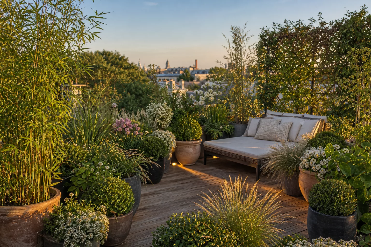 Terrassengarten mit Kübelpflanzen und Loungemöbeln im warmen Abendlicht