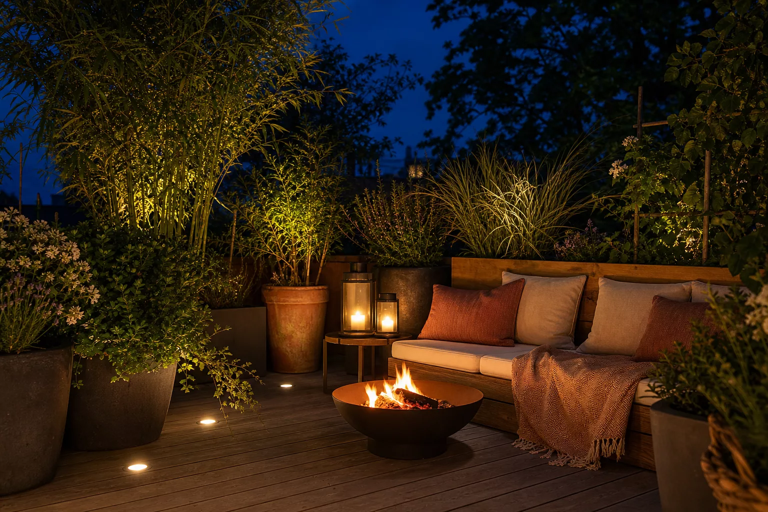 Lounge-Ecke am Abend mit Bodenlicht und Feuerstelle auf der Terrasse