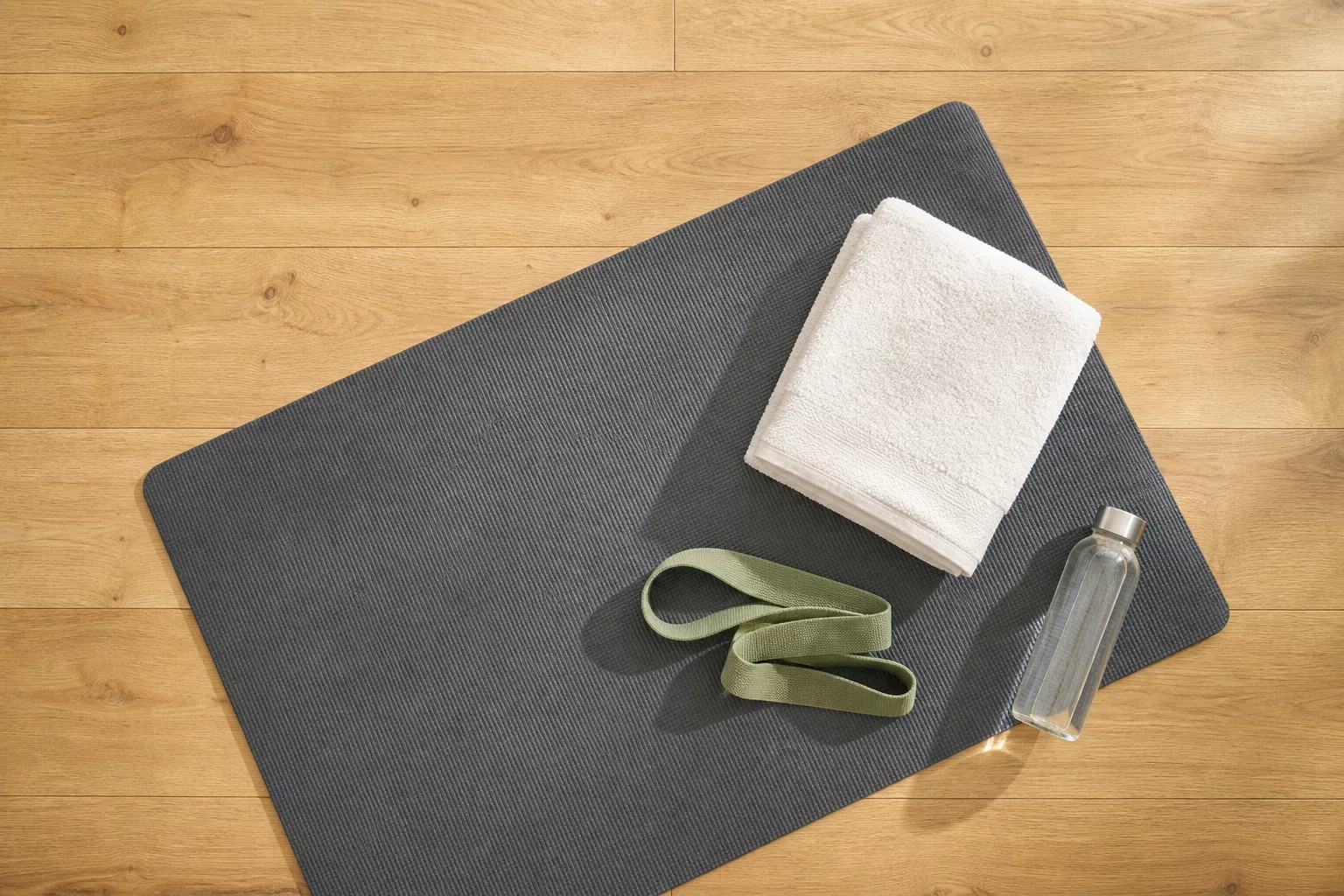Flatlay mit Trainingsmatte, Handtuch und Wasserflasche auf Holzboden