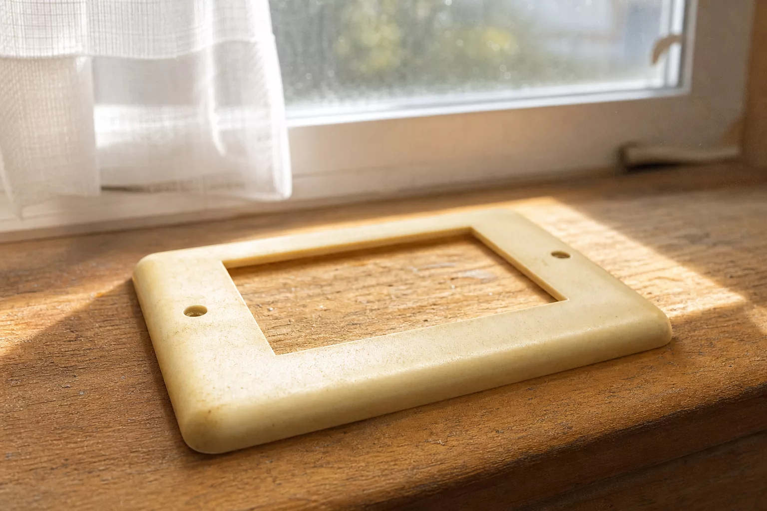 Vergilbtes Plastikteil liegt im Sonnenlicht auf einer Fensterbank