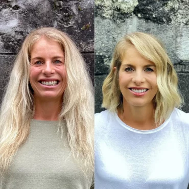 vorher nachher bild frau ueber 50 mit long bob und side swept bangs