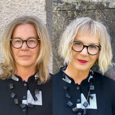 vorher nachher blonder short bob mit brille
