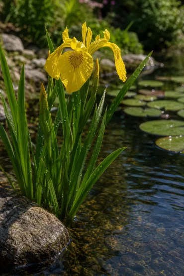Gelbe Wasserschwertlilie blüht am Flachwasserrand des Gartenteichs