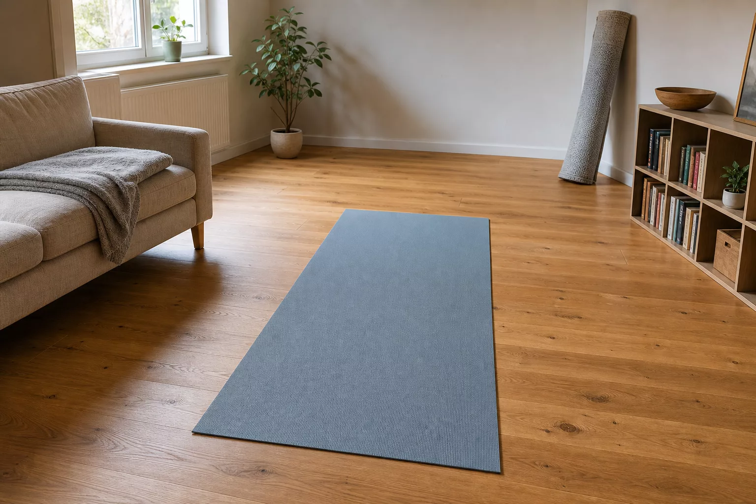 Wohnzimmer mit ausgerollter Trainingsmatte als Übungsfläche