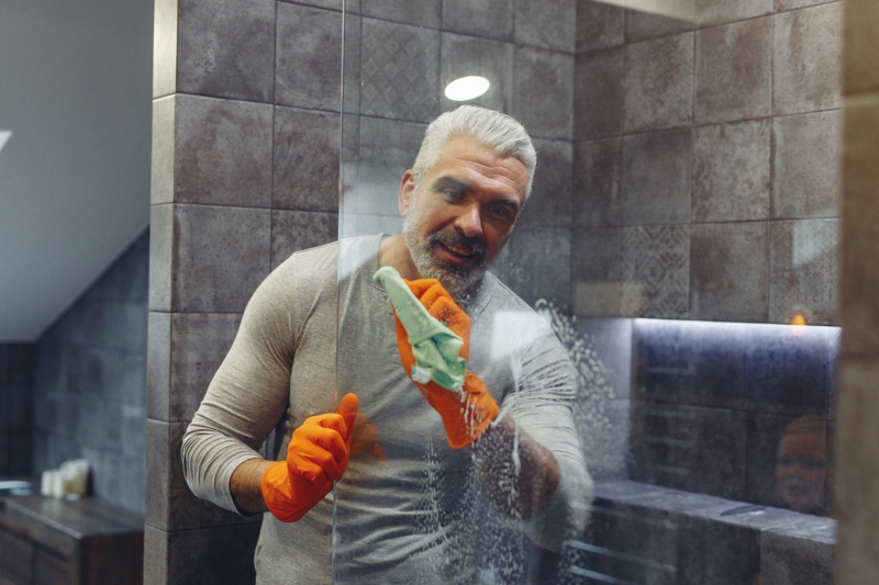 5 mann macht badezimmer sauber dusche glaswand reinigen