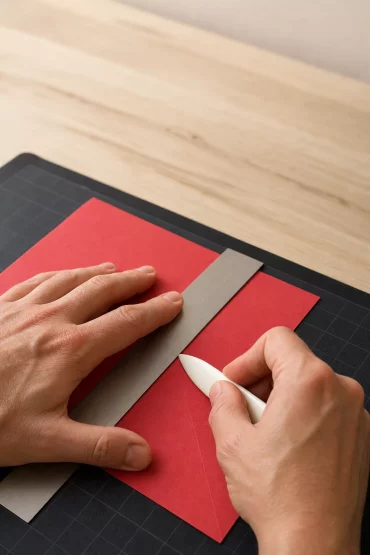 Hände ziehen mit dem Falzbein eine Rille ins farbige Kartonpapier
