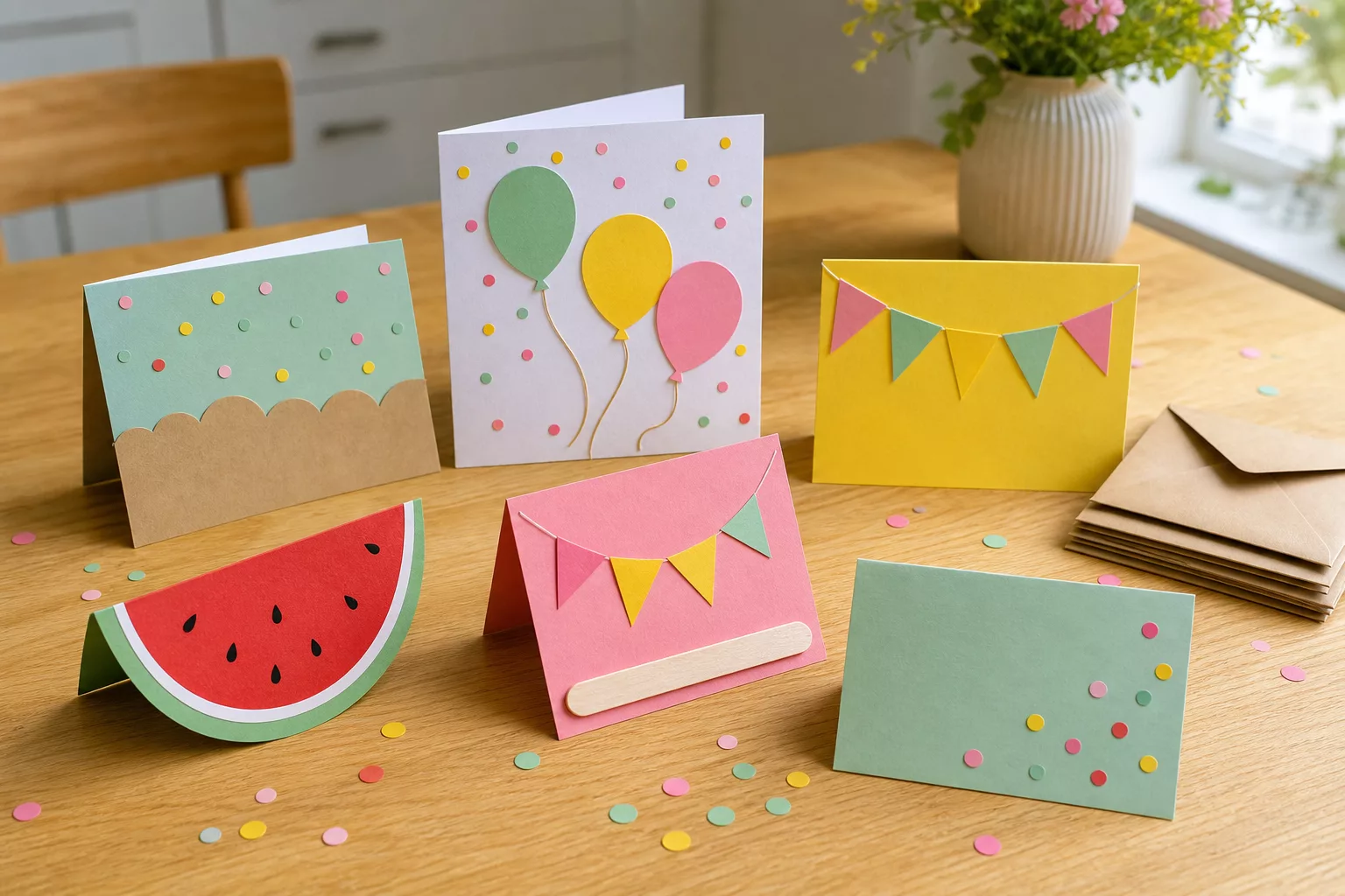 Fertige Einladungskarten für Kindergeburtstag mit Konfetti- und Wassermelonen-Motiv