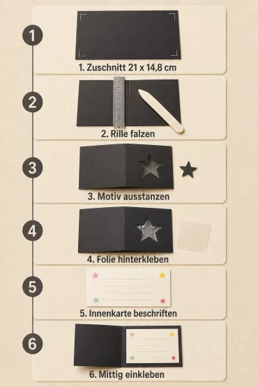 Sechs Schritte zur Fenster-Einladungskarte als Anleitungsgrafik