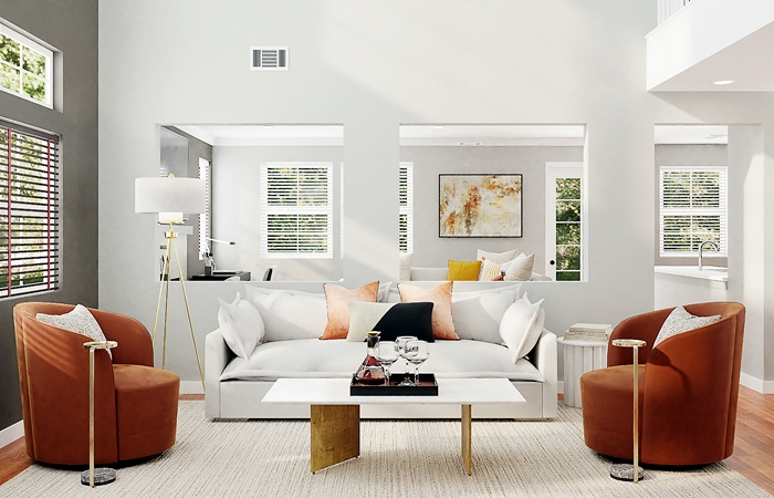 holzjalousien wohnzimmergestaltung in weiss und orange wohnung sichtschutz ideen