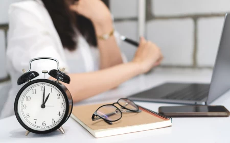 time management, black alarm clock with blurred business woman is working with laptop.