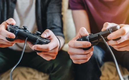 cropped image of young men playing video games while sitting on sofa at home