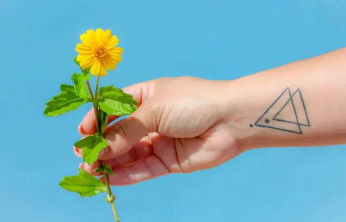 hand mit dreieck tattoo haelt gelbe blume
