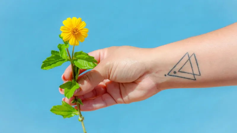 hand mit dreieck tattoo haelt gelbe blume