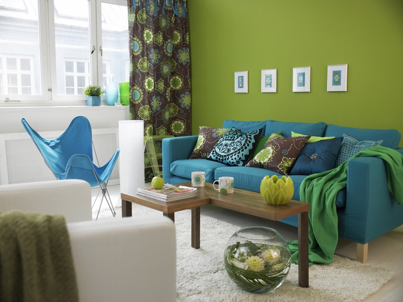 a blue sofa in a living room