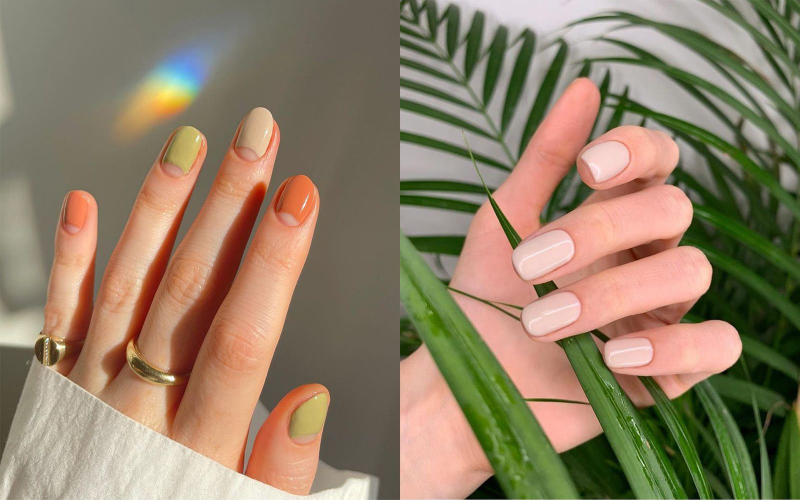 welche form fuer kurze naegelnagellack sommer 2022 orange neutrale farben collage