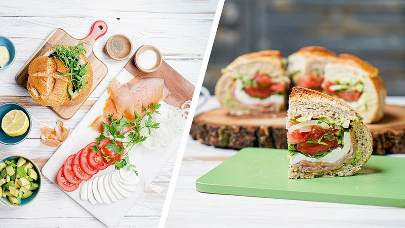 picknick sandwiches mit raeucherlachs tomaten rukkola und avocado