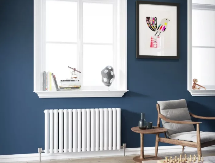 heizkörper im wohnzimmer horizontal wandfarbe blau