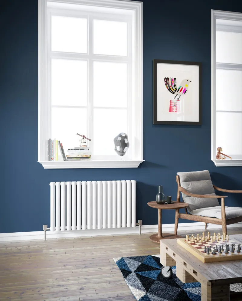 heizkörper im wohnzimmer horizontal wandfarbe blau