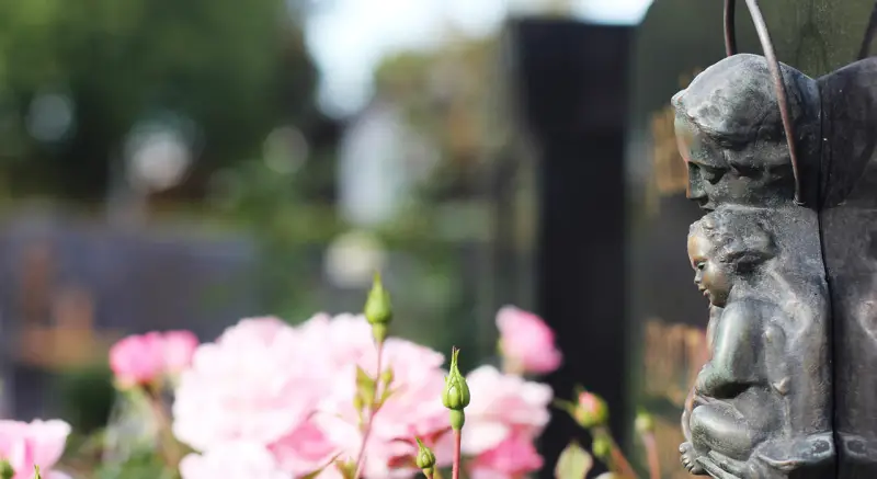 immergruene bodendecker fuer dauerhafte grabbepflanzung doppelgrab bluehende rosen grabstein mit figuren