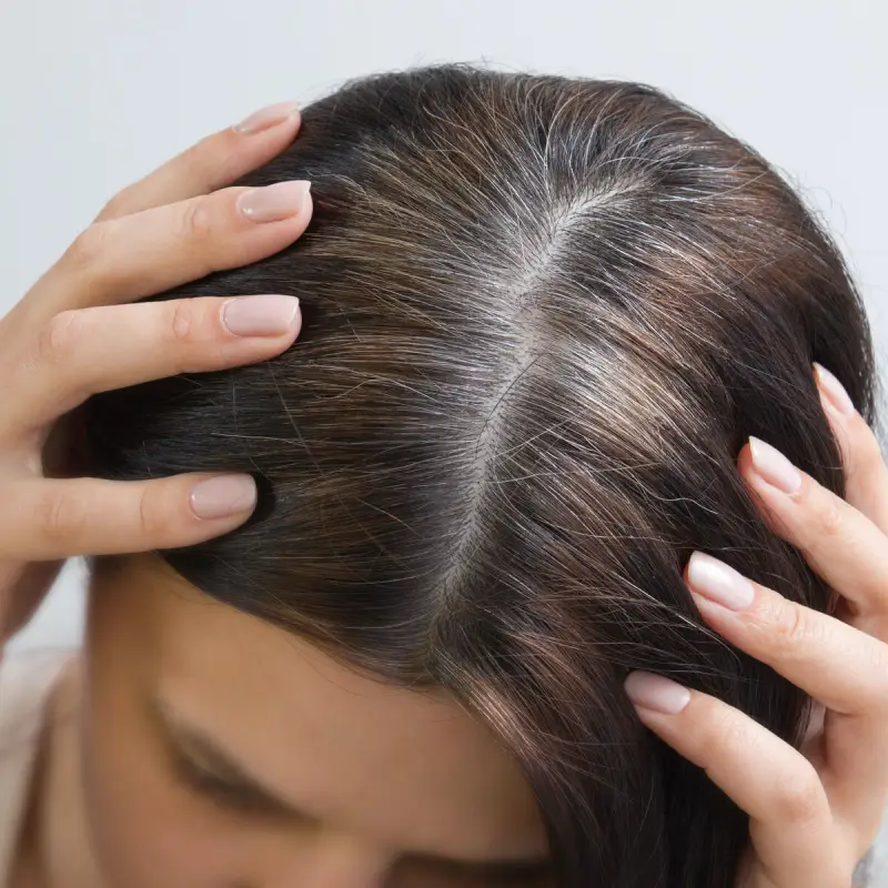 graue haare toenen shampoo graue haare ohne faerben abdecken frau zeigt graue haare im scheitel