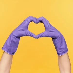 horizontal photo raised hands dressed rubber gloves showing love sign forming heart with fingers while being isolated yellow background 295783 11775