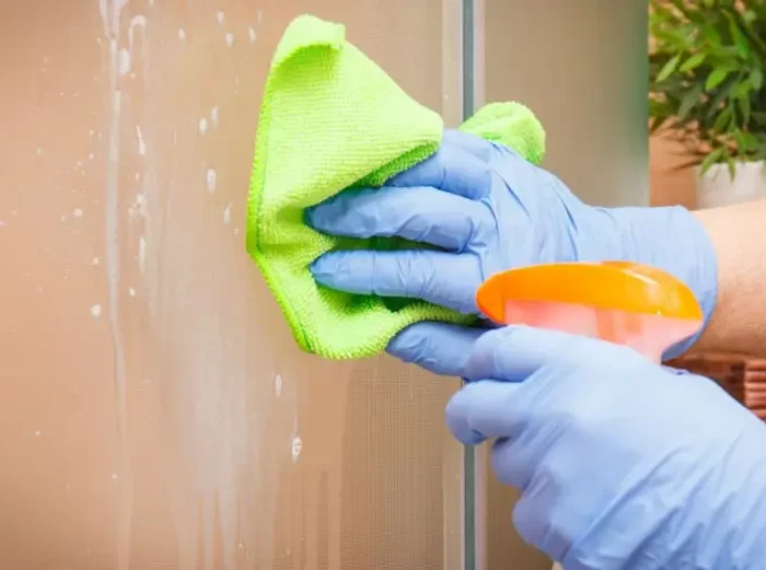 was ist besser zum entkalken essig oder zitronensaeure glas duschwand reinigen mit klarspueler und weichem mikrofasertuch gruen