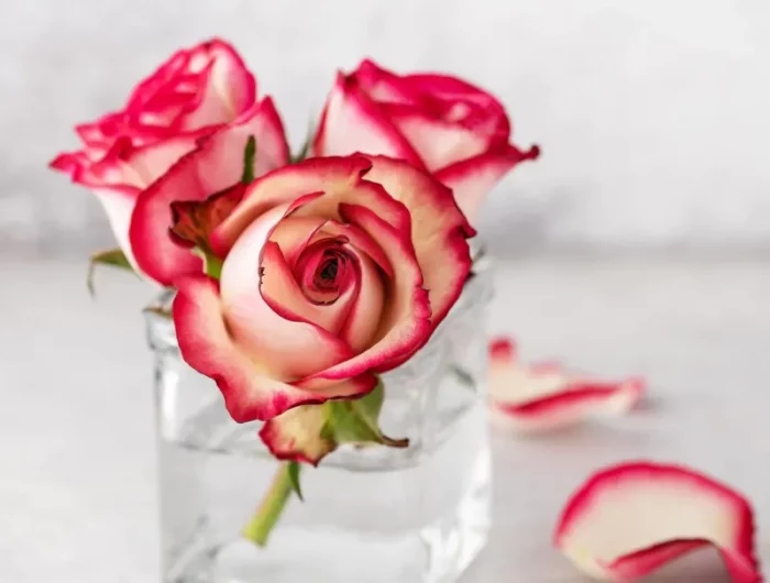 drei rosen in kleiner vase rot und weiß blütenblätter