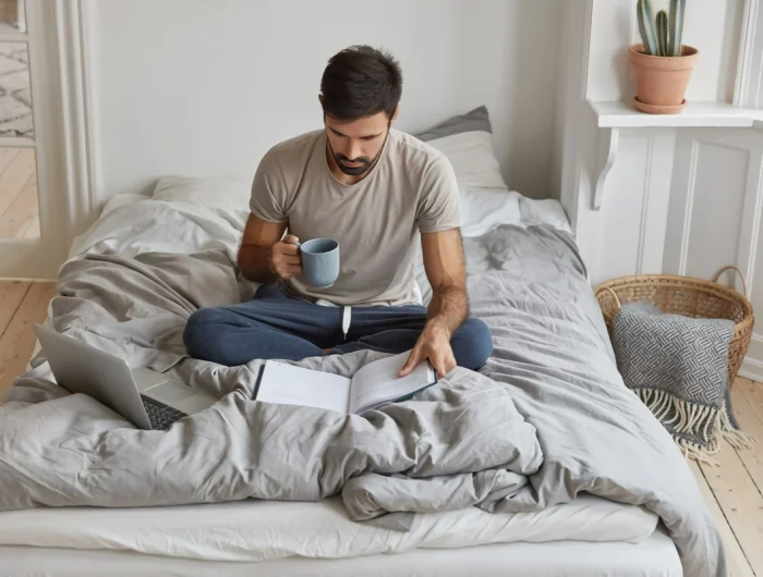 image young caucasian man has morning coffee sits crossed legs bed 273609 43615