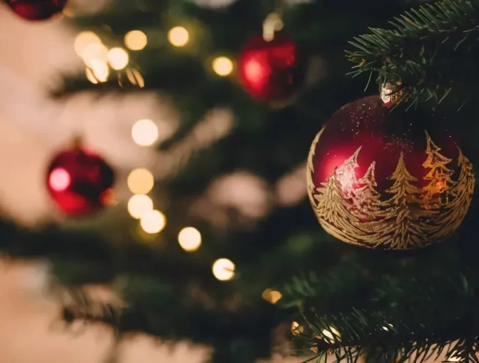 schöne adventszeit bilder rote christbaumkugel mit tannen
