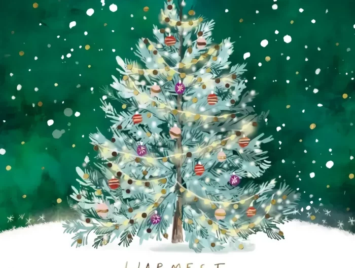 weihnachtskarte mit christbaum geschmueckt schneeflocken