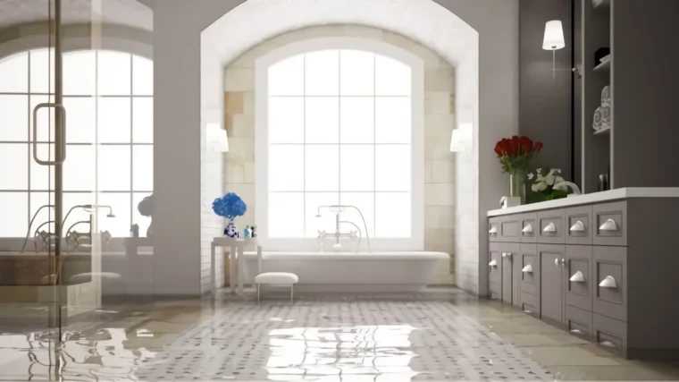 durchflutetes badezimmer mit begehbarer dusche waschbecken holzarbeitsplatten und blumenstraeußen