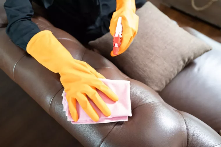 person mit gelben handschuhen die mit einem rosa handtuch einen urinfleck von einem ledersofa entfernt