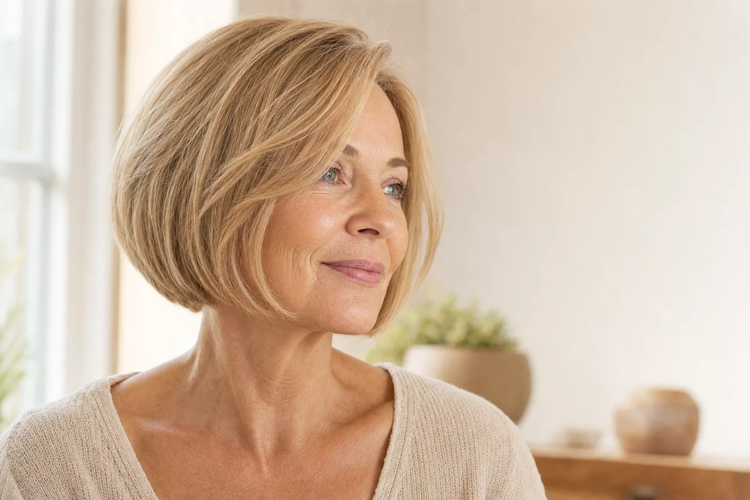 Bob Frisuren 2026 Frauen ab 50: weicher kinnlanger Bob in Dreiviertelansicht